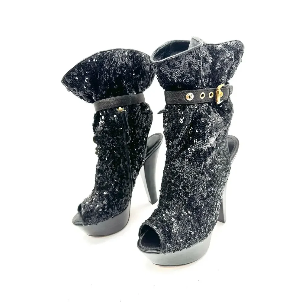 Louis Vuitton Black Sequin Leather Peep Toe Platform Boots 140mm EU 37